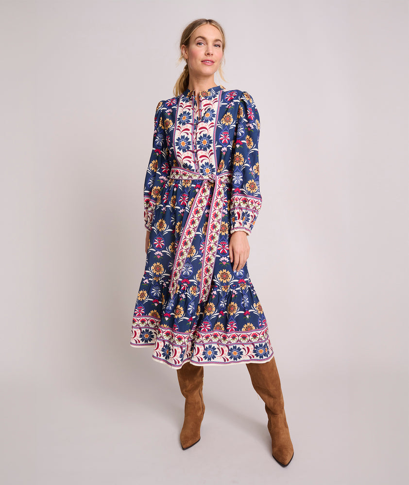 Model is wearingSoft Twill Floral Border Print Flora Dress. 