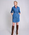 Model is wearing UNTUCKit Lea denim dress.