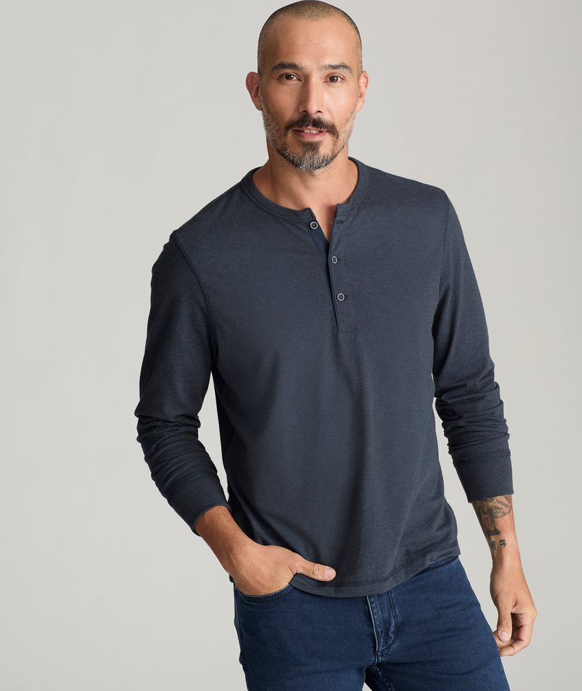 Model wearing a Blue Ultrasoft Long-Sleeve Henley