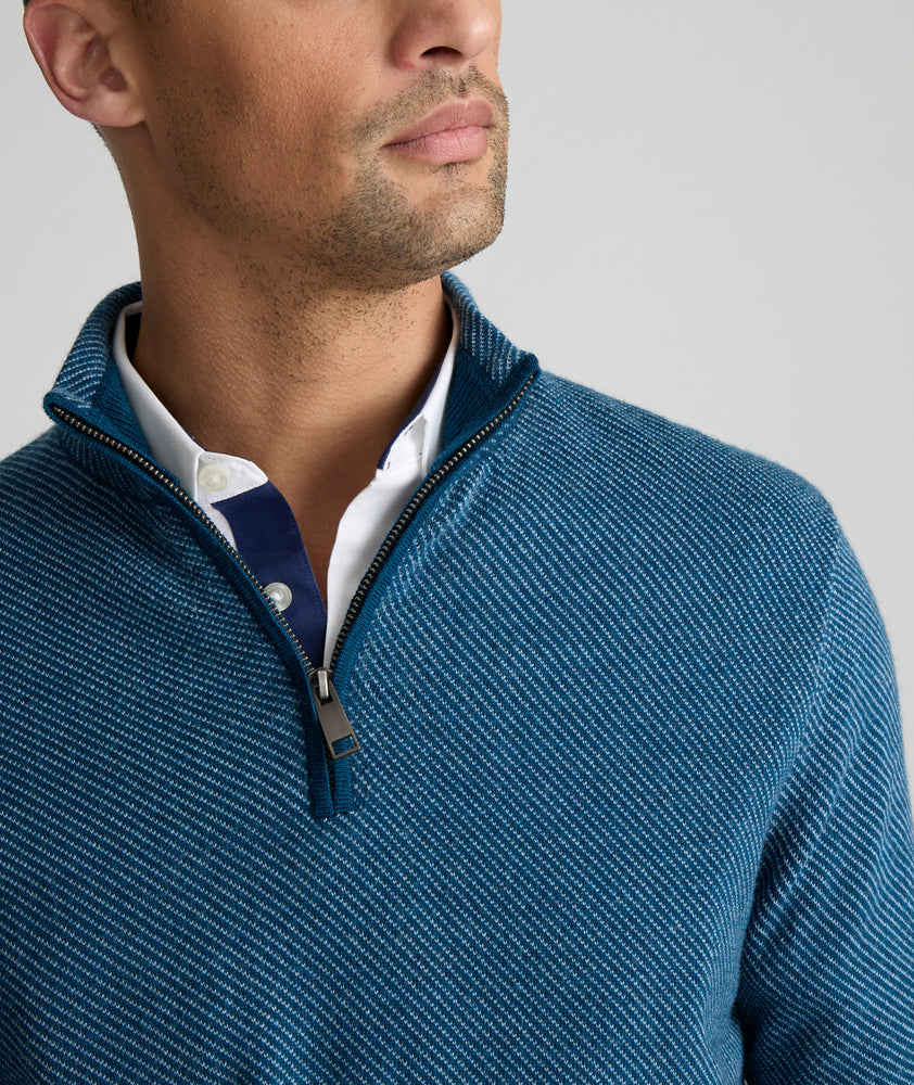 Model is wearing UNTUCKit Belguardo with Diagonal Stripe in Blue.