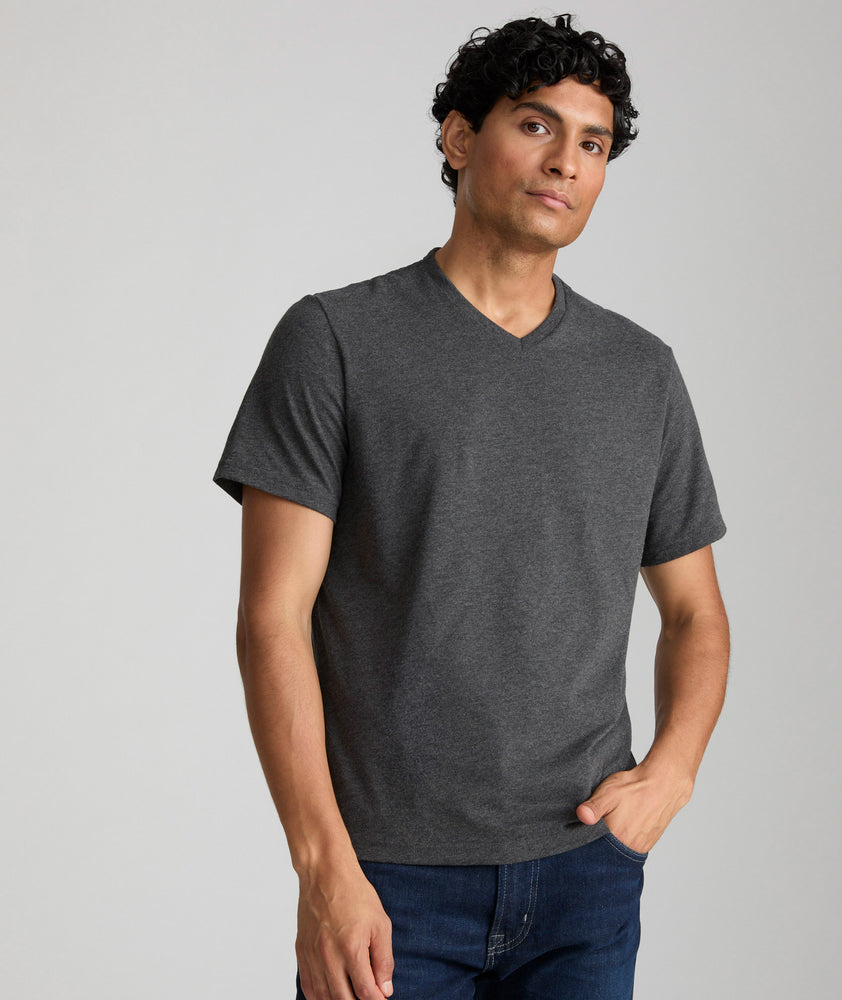 Model wearing a Charcoal Ultrasoft V-Neck Tee.