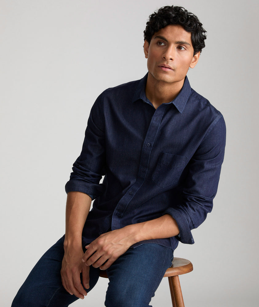 Model wearing a Mid Blue Wrinkle-Free Denim Cinzano Shirt