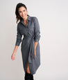 Model is wearing UNTUCKit Colby dress in solid gray.