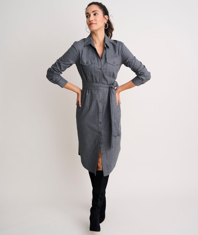 Model is wearing UNTUCKit Colby dress in solid gray.