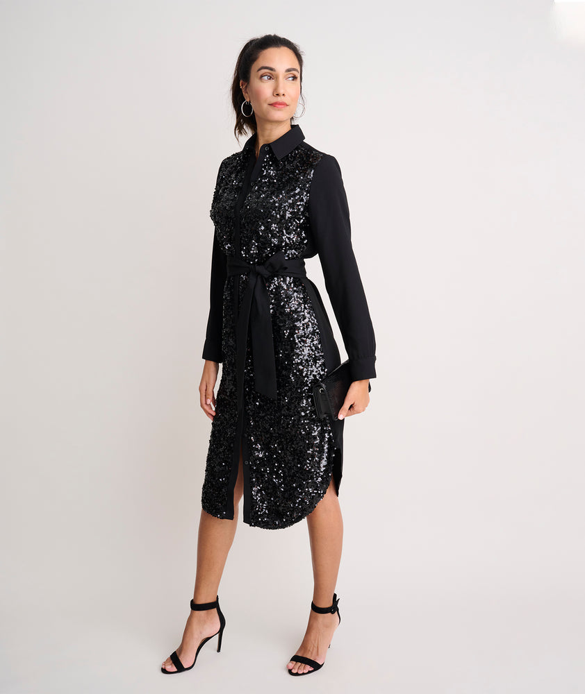 Model is wearing UNTUCKit Lexie sequin dress in black. 